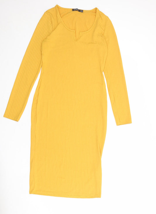 Boohoo Womens Yellow Polyester Bodycon Size 12 Round Neck Pullover