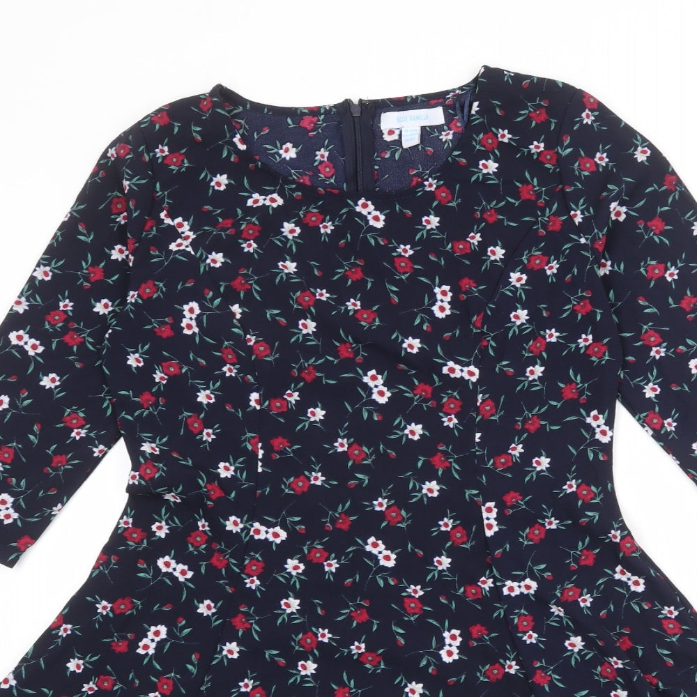 Blue Vanilla Womens Black Floral Polyester Fit & Flare Size 12 Round Neck Zip