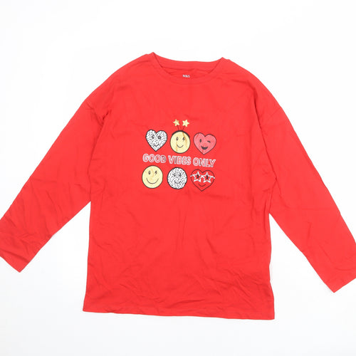 Marks and Spencer Girls Red 100% Cotton Pullover T-Shirt Size 13-14 Years Round Neck Pullover - Good Vibes Only