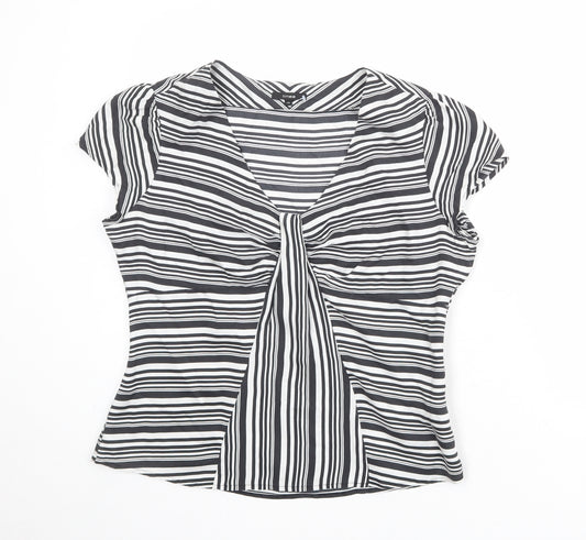 Linea Womens Black Striped Silk Basic Blouse Size 16 V-Neck
