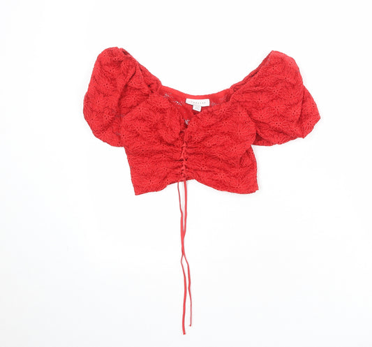 Topshop Womens Red Nylon Cropped Blouse Size 8 Sweetheart - Ruched