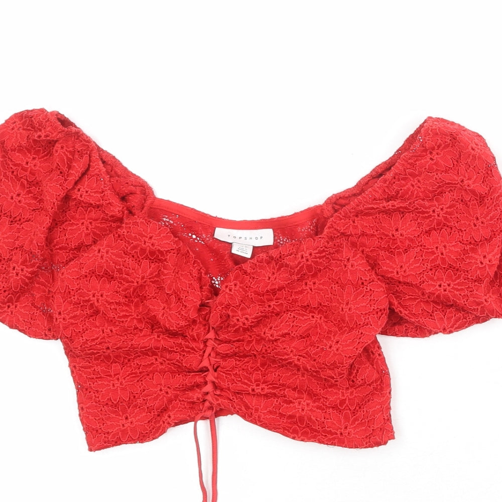 Topshop Womens Red Nylon Cropped Blouse Size 8 Sweetheart - Ruched