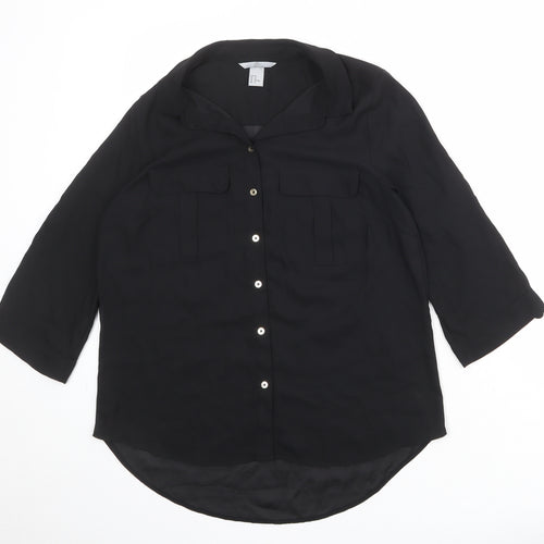 H&M Womens Black Polyester Basic Button-Up Size 14 V-Neck