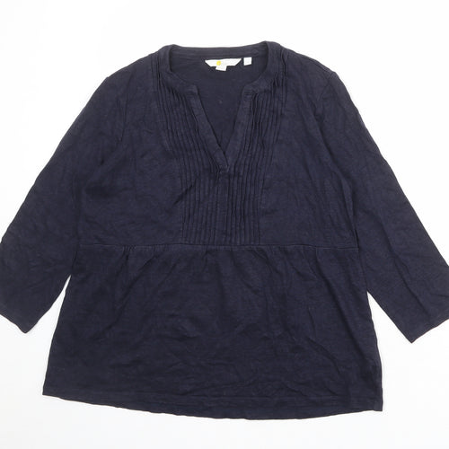 Boden Womens Blue Linen Basic Blouse Size M V-Neck - Front Pleat Detail