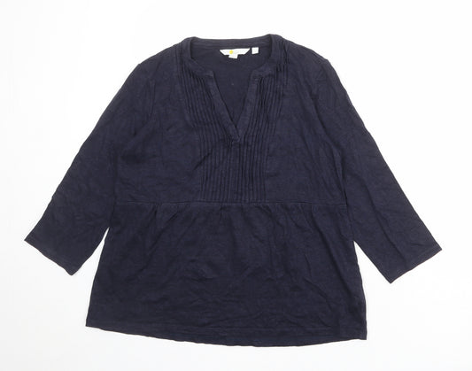 Boden Womens Blue Linen Basic Blouse Size M V-Neck - Front Pleat Detail