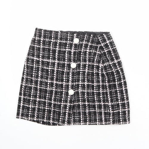 Miss Selfridge Womens Black Plaid Polyester A-Line Skirt Size 6 Button