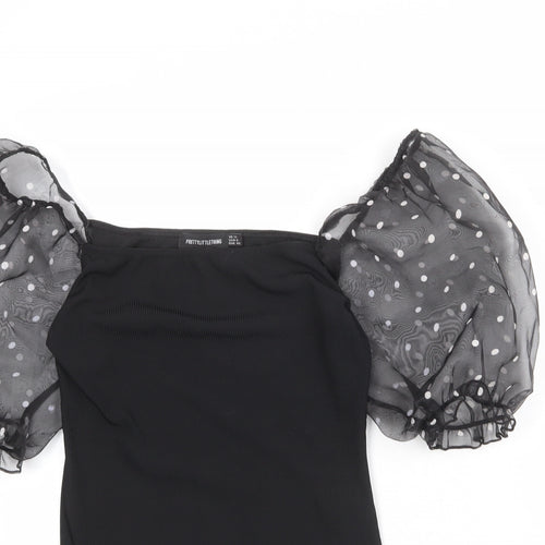 PRETTYLITTLETHING Womens Black Polyester Bodysuit One-Piece Size 12 Snap - Mesh Polka Sleeve
