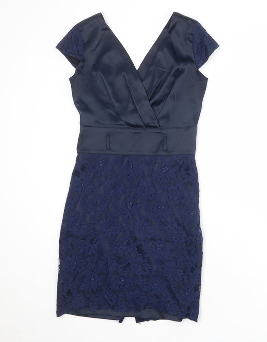 BRZ Womens Blue Floral Polyester A-Line Size 8 V-Neck Zip