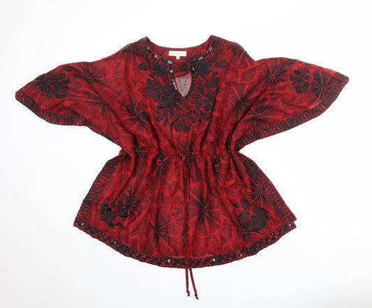 RJR.John Rocha Womens Red Floral Polyester Basic Blouse Size 14 V-Neck
