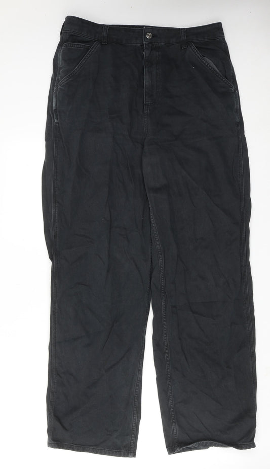 ASOS Womens Black Cotton Wide-Leg Jeans Size 14 Regular Zip