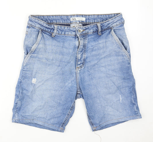 Zara Womens Blue Cotton Bermuda Shorts Size 14 Regular Zip - Distressed