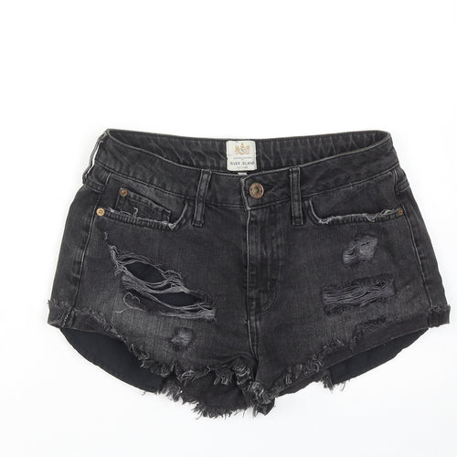 River Island Womens Black Cotton Hot Pants Shorts Size 8 Regular Zip - Distressed