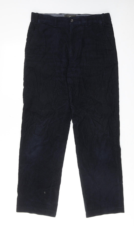 Marks and Spencer Mens Blue Cotton Trousers Size 32 in L33 in Regular Zip