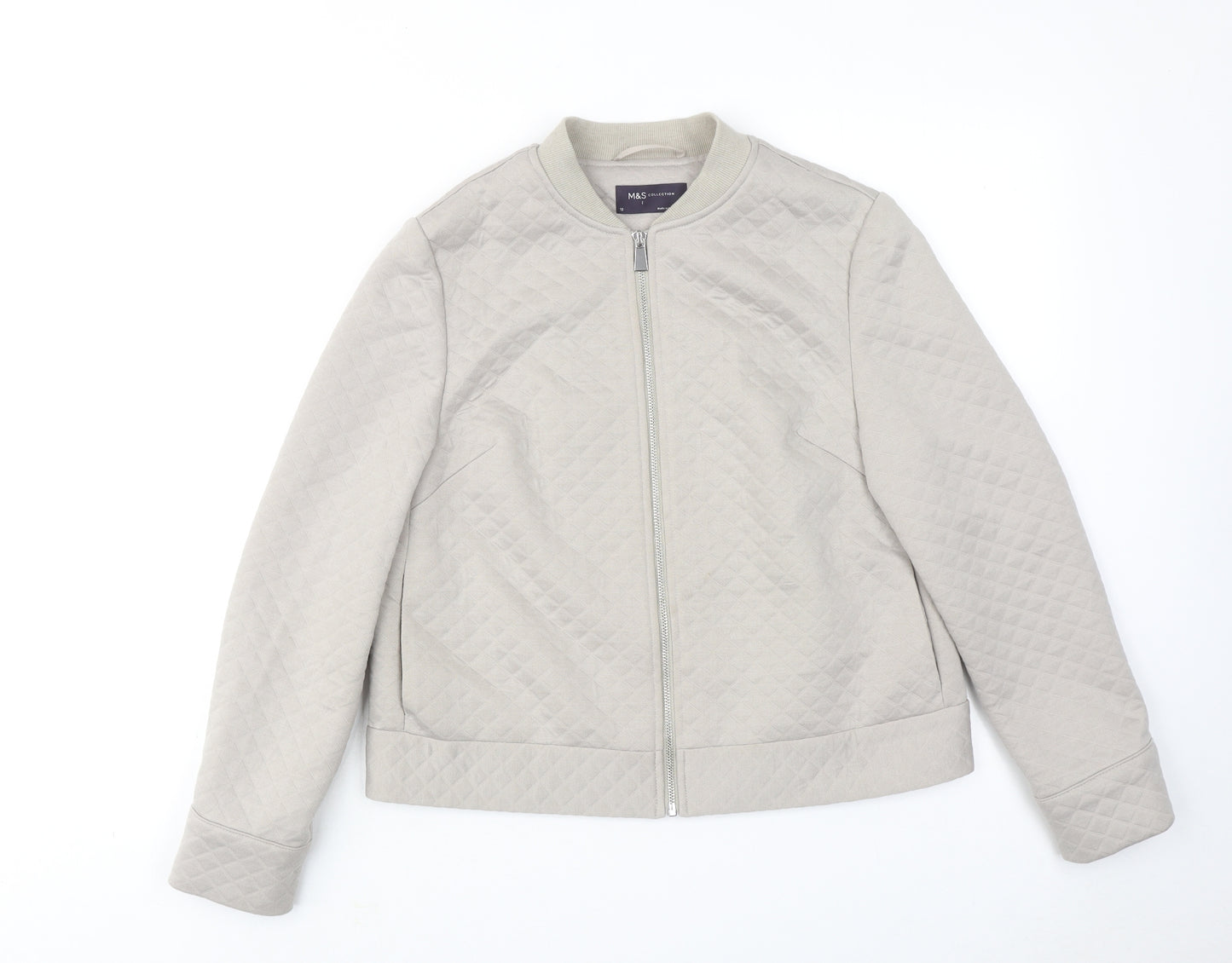 Marks and Spencer Womens Grey Argyle/Diamond Polyester Bomber Jacket Jacket Size 12 Zip