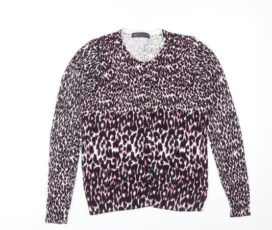 Marks and Spencer Womens Pink Round Neck Animal Print Viscose Cardigan Jumper Size 10 - Leopard Print