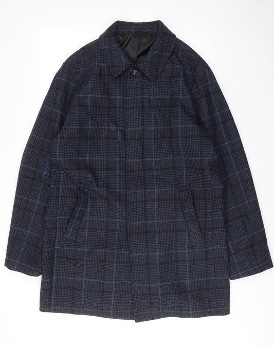 NEXT Womens Blue Plaid Overcoat Coat Size L Button