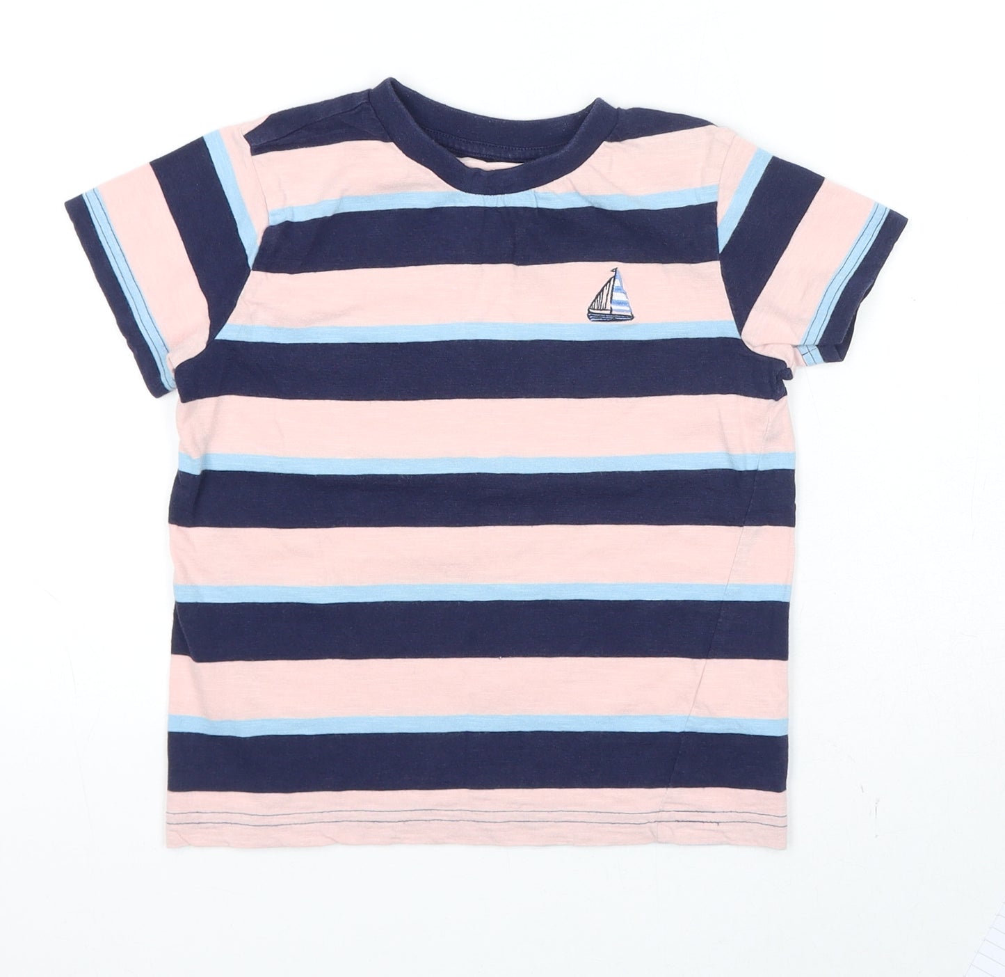 NEXT Boys Blue Striped Cotton Basic T-Shirt Size 5-6 Years Round Neck Pullover - Sail Boat
