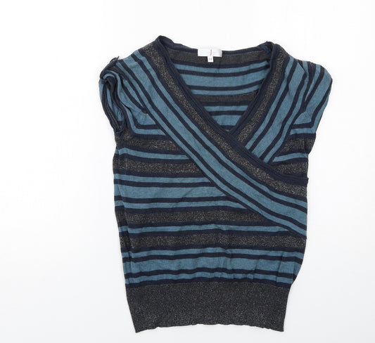 Jasper Conran Womens Blue V-Neck Striped Cotton Pullover Jumper Size 14