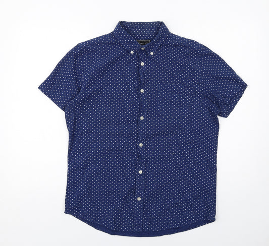 Red Herring Mens Blue Geometric Cotton Button-Up Size M Collared Button