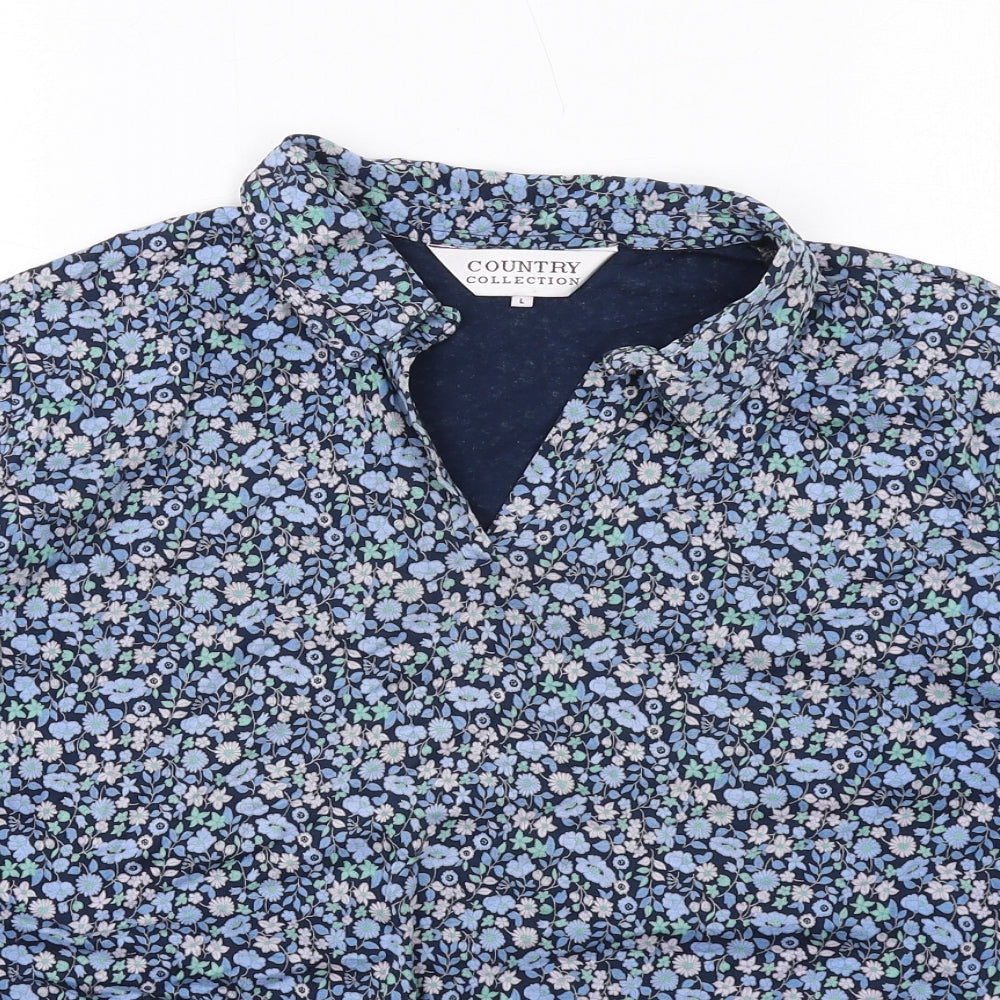 Country Collection Womens Blue Floral Cotton Basic Polo Size L Collared