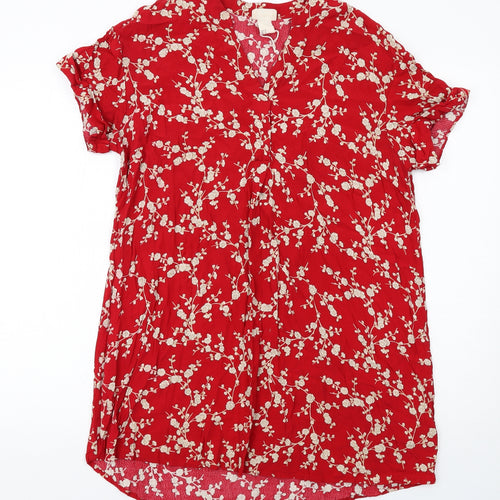 H&M Womens Red Floral Viscose A-Line Size 12 V-Neck Pullover