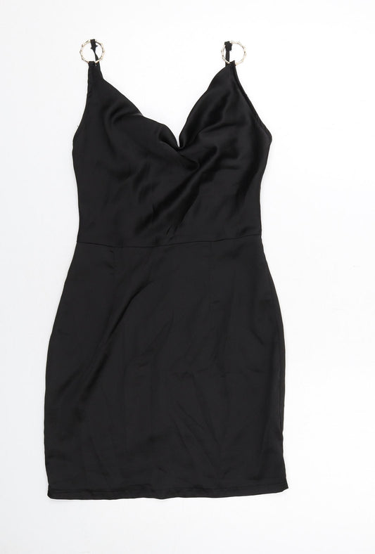 PRETTYLITTLETHING Womens Black Polyester Slip Dress Size 6 Cowl Neck Zip