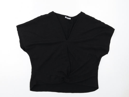 Zara Womens Black Viscose Basic T-Shirt Size S V-Neck