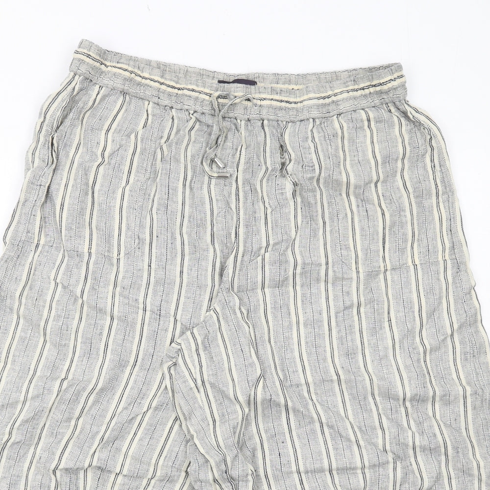 Zara Womens Grey Striped Linen Trousers Size 16 Regular Drawstring