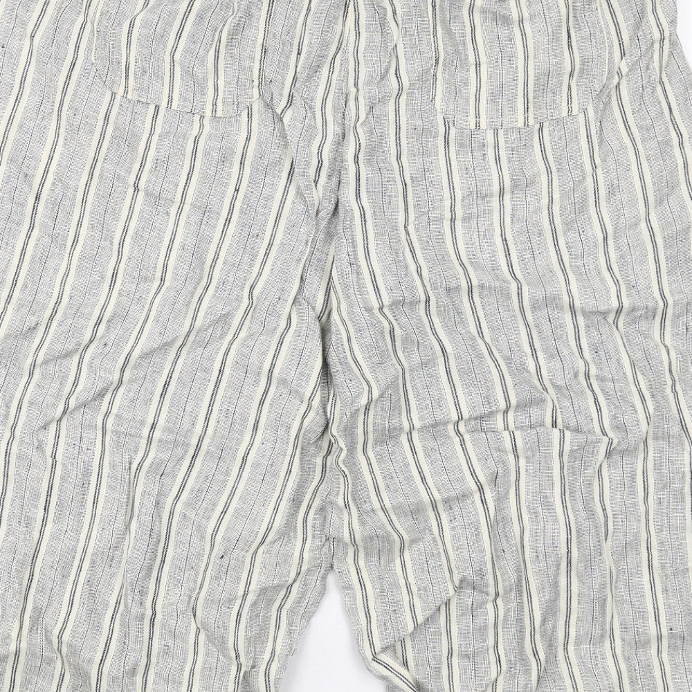 Zara Womens Grey Striped Linen Trousers Size 16 Regular Drawstring
