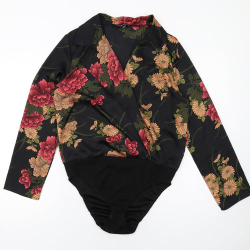 PARISIAN SIGNATURE Womens Black Floral Polyester Bodysuit One-Piece Size 12 Snap