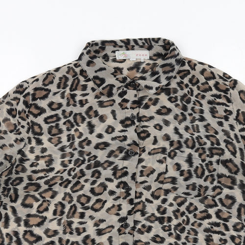 Cameo Rose Womens Beige Animal Print Polyester Basic Button-Up Size 14 Collared - Leopard Print