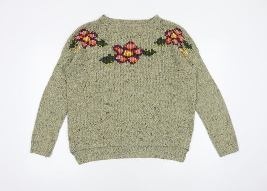 White Stuff Womens Multicoloured Round Neck Acrylic Pullover Jumper Size 12 - Flower Detail