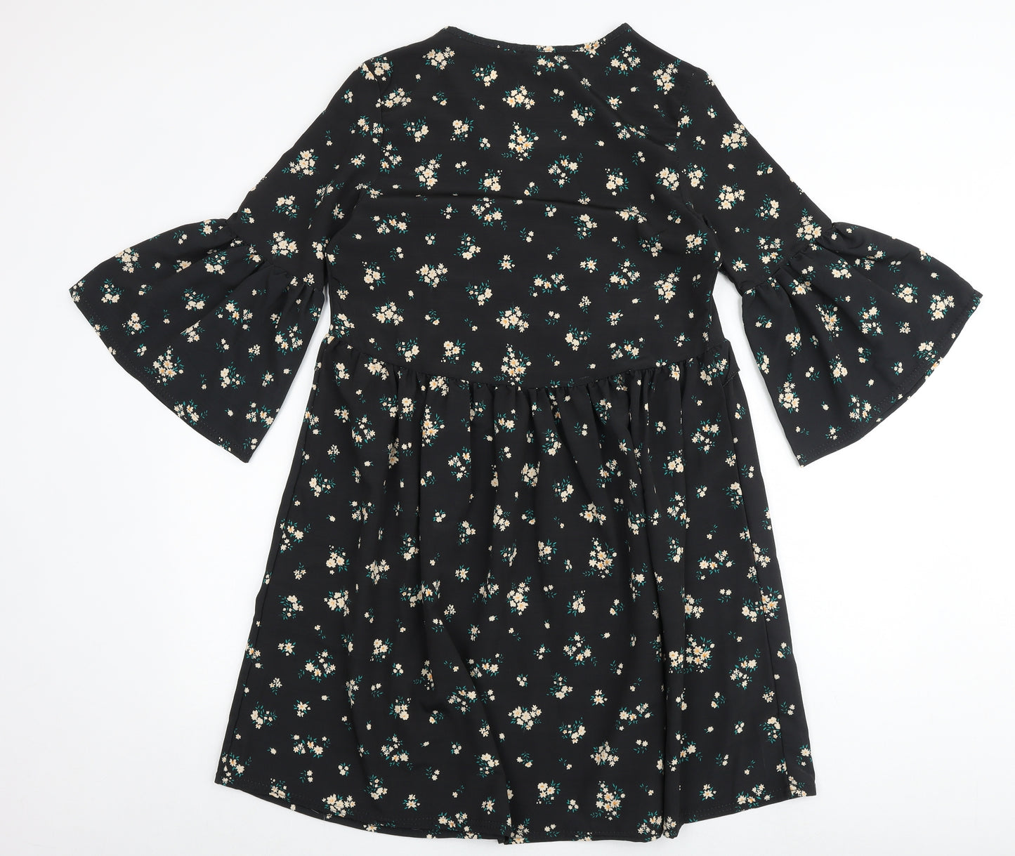 Boohoo Womens Black Floral Polyester A-Line Size 10 V-Neck - Flute Sleeve