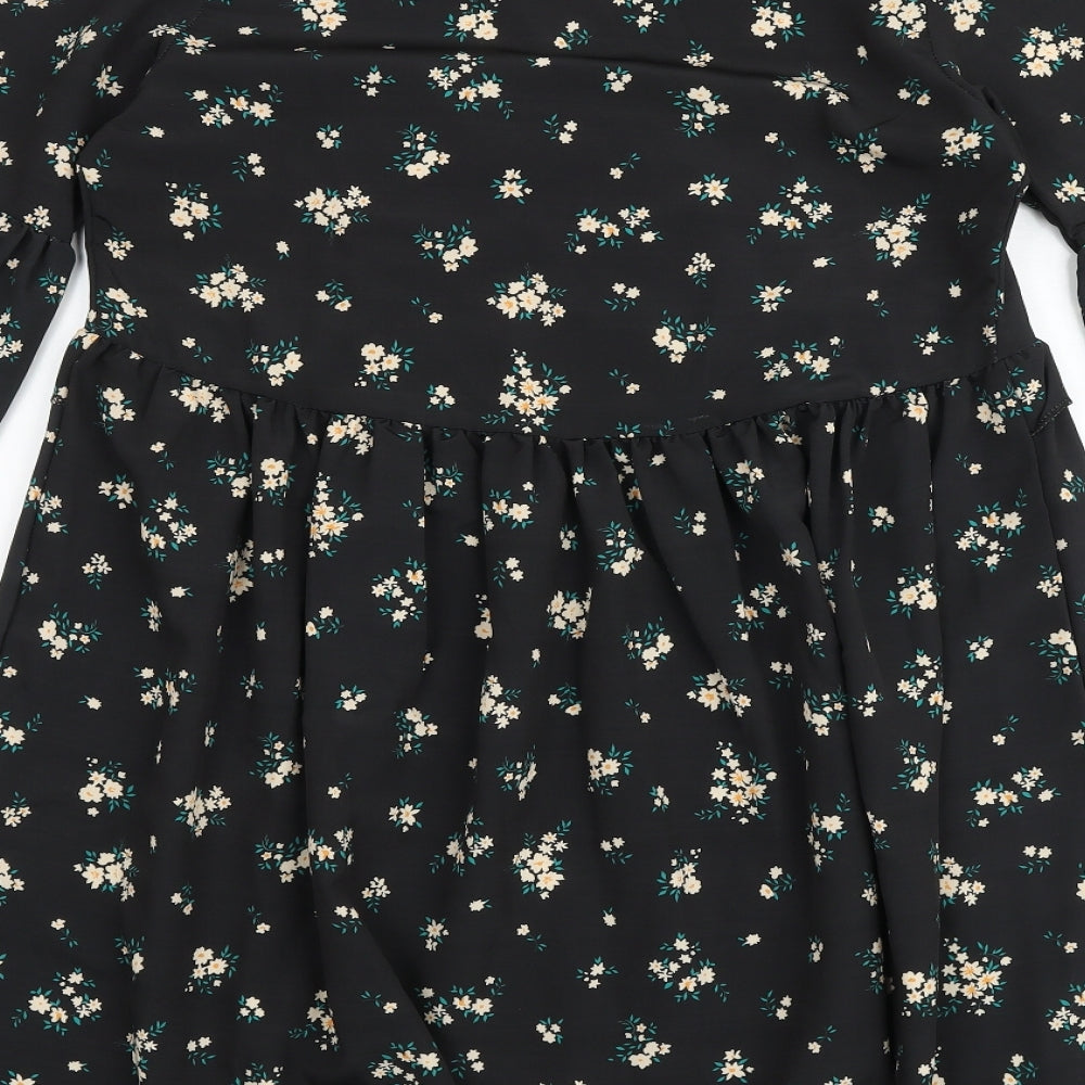 Boohoo Womens Black Floral Polyester A-Line Size 10 V-Neck - Flute Sleeve