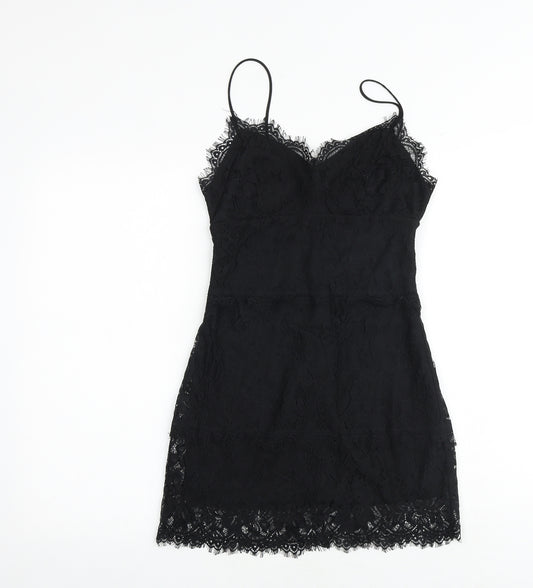 Topshop Womens Black Polyester Slip Dress Size 10 V-Neck Zip - Lace Detail