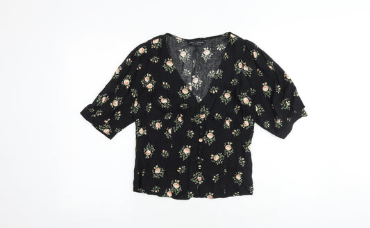 Dorothy Perkins Womens Black Floral Viscose Basic Blouse Size 10 V-Neck