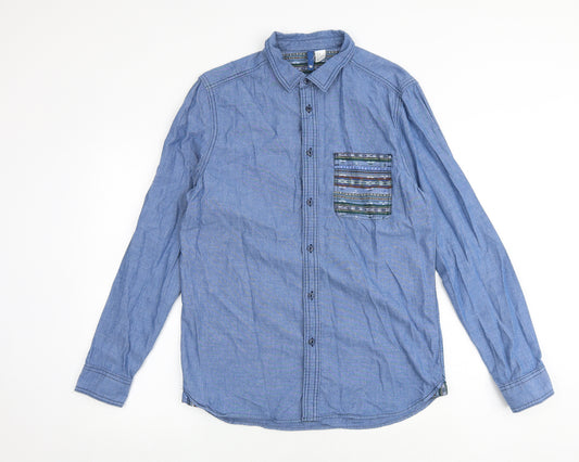 H&M Mens Blue Cotton Button-Up Size M Collared Button