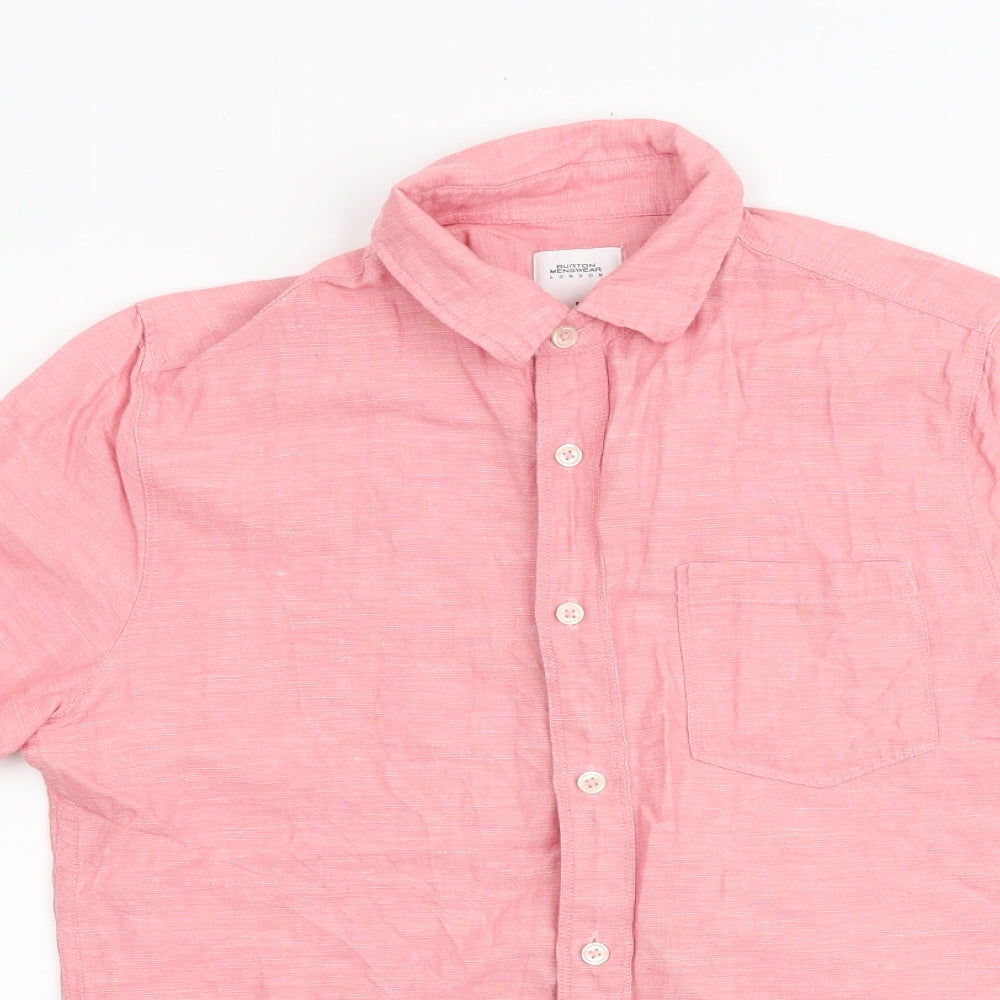 Burton Mens Pink Linen Button-Up Size S Collared Button