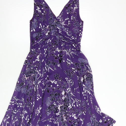 TWIGGY Womens Purple Geometric Silk A-Line Size 10 V-Neck Zip