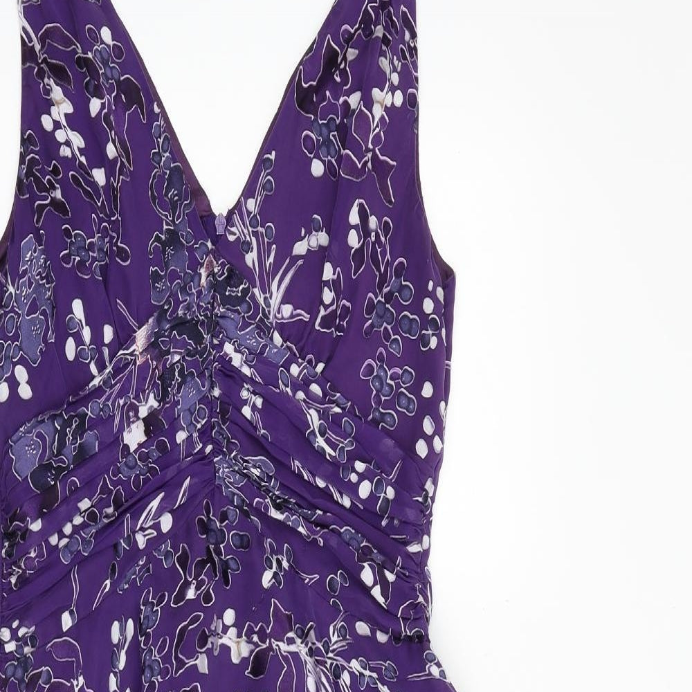 TWIGGY Womens Purple Geometric Silk A-Line Size 10 V-Neck Zip
