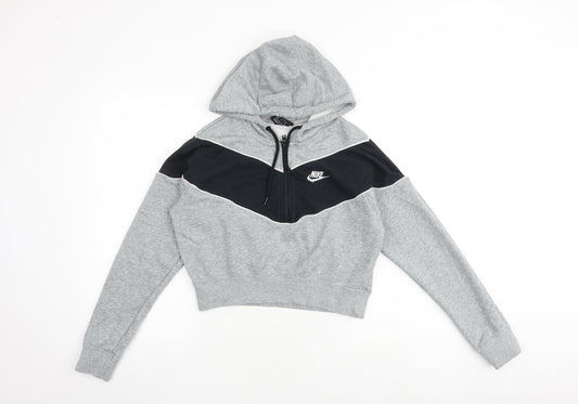 Nike Womens Grey Colourblock Cotton Pullover Hoodie Size S Zip