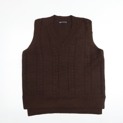 Marks and Spencer Mens Brown V-Neck Polyester Vest Jumper Size L Sleeveless