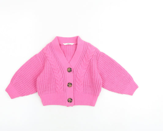 Marks and Spencer Girls Pink V-Neck Polyester Cardigan Jumper Size 2-3 Years Button