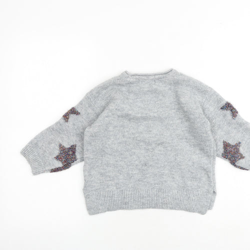 Marks and Spencer Girls Grey Round Neck Geometric Acrylic Pullover Jumper Size 5-6 Years Pullover - Star Pattern