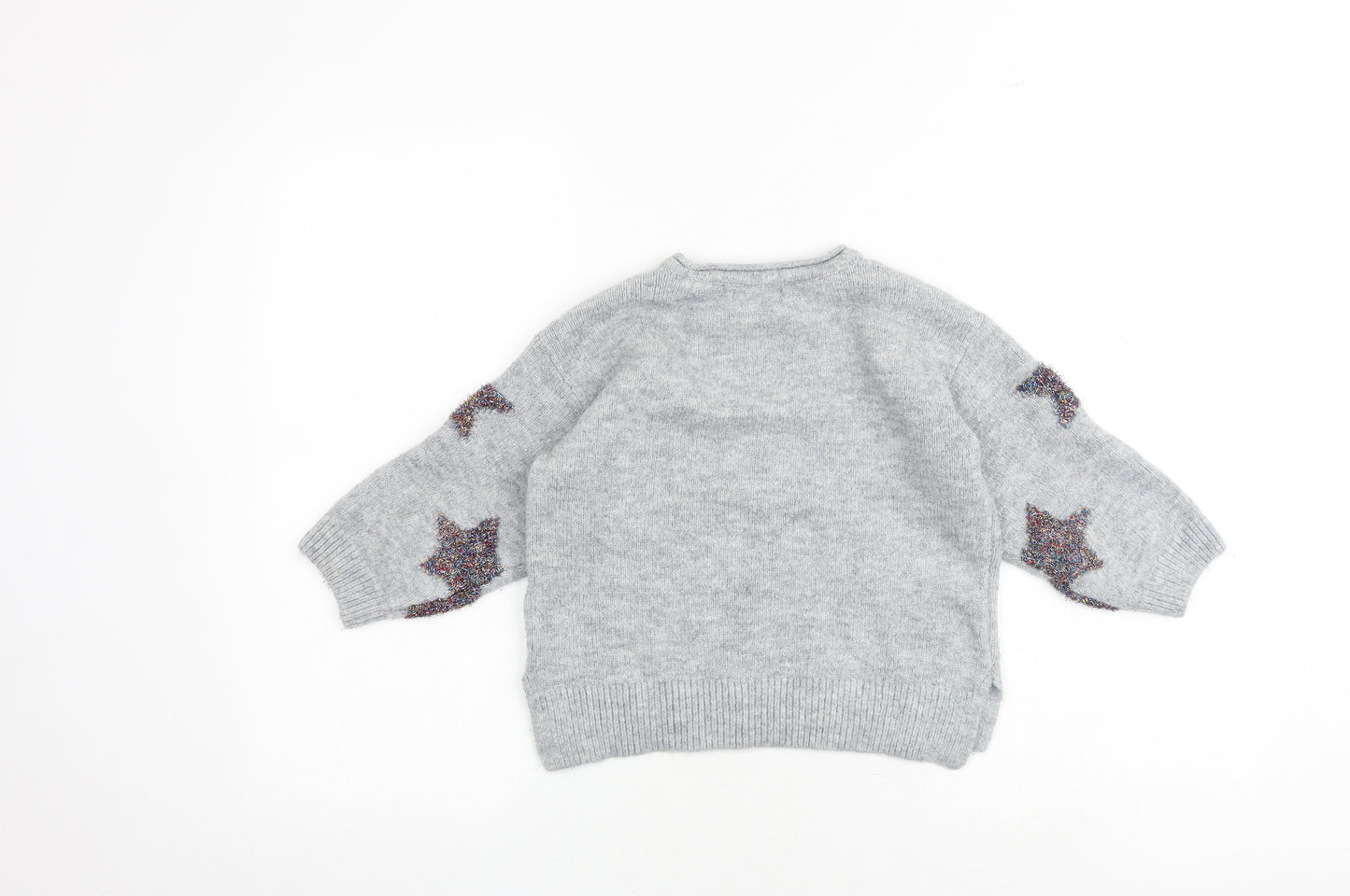 Marks and Spencer Girls Grey Round Neck Geometric Acrylic Pullover Jumper Size 5-6 Years Pullover - Star Pattern