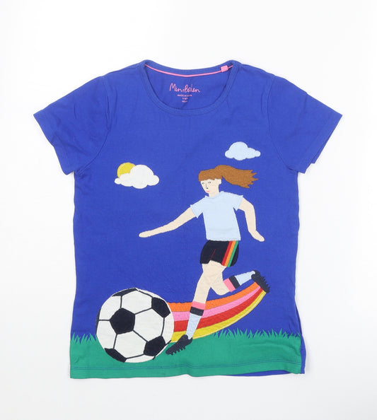 Mini Boden Girls Blue Cotton Basic T-Shirt Size 9-10 Years Round Neck Pullover - Football Girl