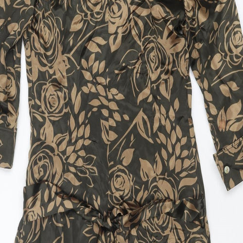 Karen Millen Womens Brown Floral Silk Shift Size 10 Collared Zip