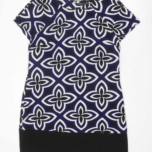 Marks and Spencer Womens Blue Geometric Polyester Shift Size 14 Round Neck Button