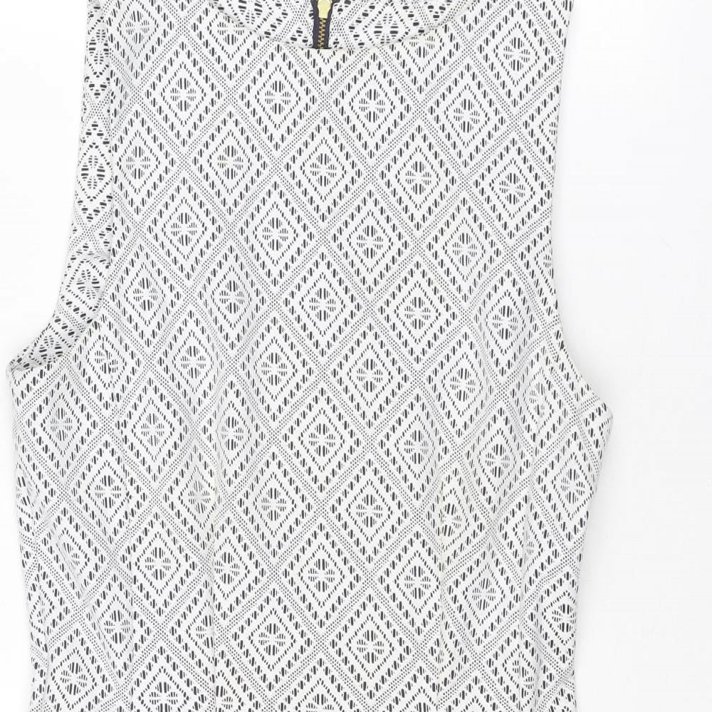 Almari Womens White Geometric Polyester Shift Size 14 Round Neck Zip