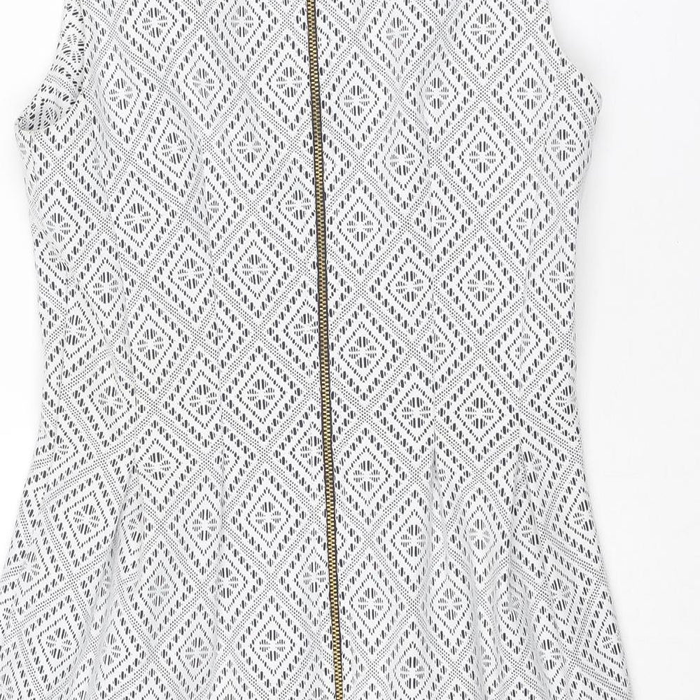 Almari Womens White Geometric Polyester Shift Size 14 Round Neck Zip